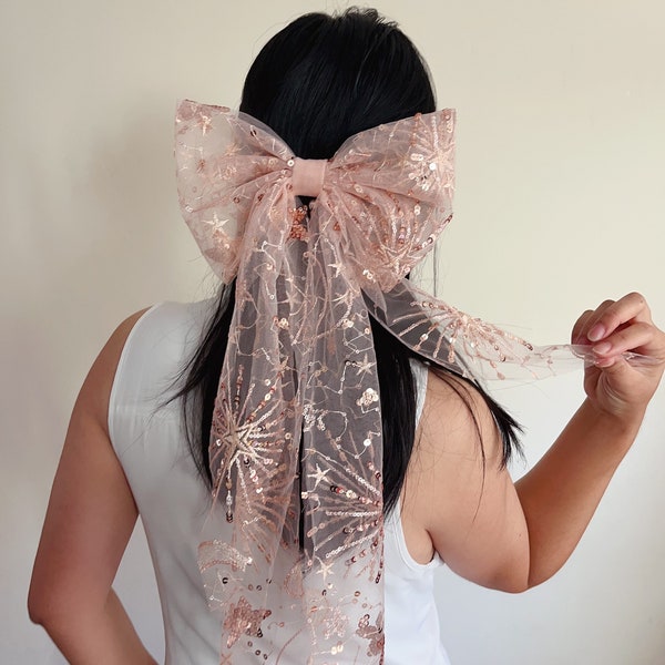 blush star bow Veil alternative Unique veil, shinning star pink bow veil, Bachelorette party Bridal wedding sequins hair bow tulle moon bow