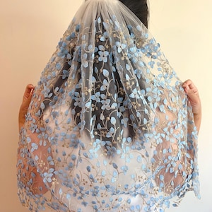 something Blue flower blossom veil Embroidered gold vine veil Bridal veil Unique wedding veil Blue gold tulle veil Scattered 3d leafs veil