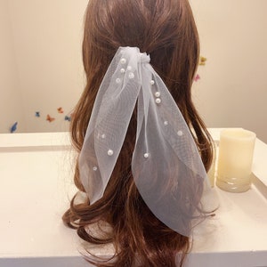 Beaded Pearl Bridal Veil Hair Tie, Raw Edge Ponytail Wrap