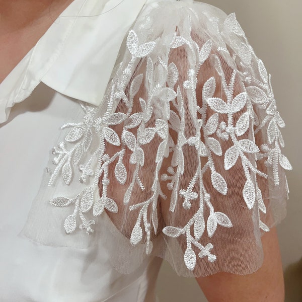 white 3d leafs bridal sleeves Detachable sleeves Flutter sleeves, Boho bride, Embroidered floral accessory, Bridal wedding dress sleeves