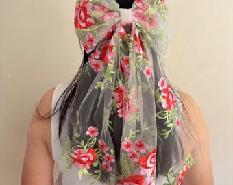Embroidered Wildflower Bridal Hair Bow: Red Rose Veil Alternative