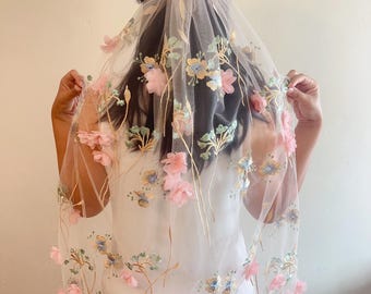 Embroidered Floral Wedding Veil - Pink Sakura Boho Bridal Veil