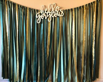 Backdrop | Olive Green Gold, custom succulent theme wedding, bridal shower backdrop, Sequin Backdrop, Long Fabric Tassel Garland