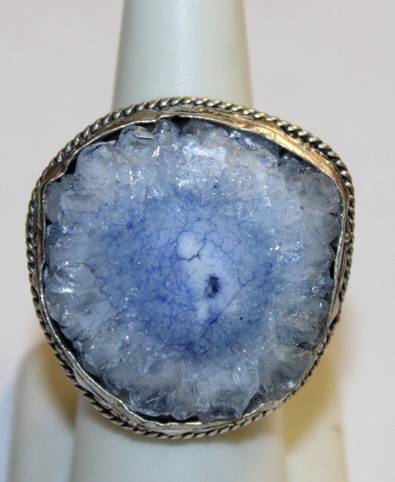 Handmade Sterling Silver Blue Druzy Quartz  Ring