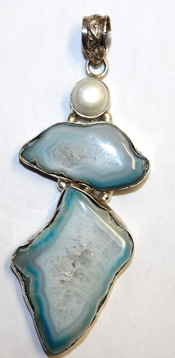Handmade freeform Mabe Pearl and Blue Geode Agate 