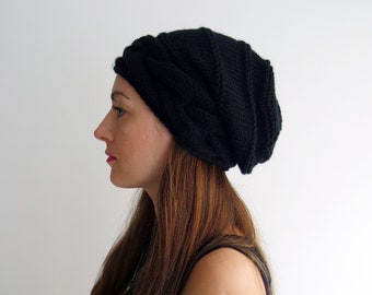 Black knit hat Slouchy beanie Oversized hat Merino hat Slouchy hats Knitted hat Knit accessories Winter hat women Wool hat Big baggy hat