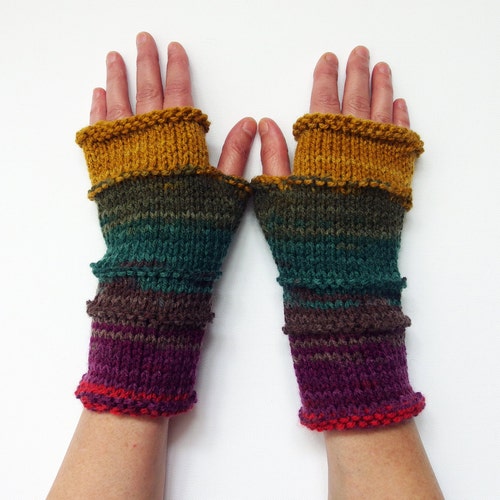 Fingerless Gloves Knit Rainbow Gloves Hand Warmers Multi - Etsy
