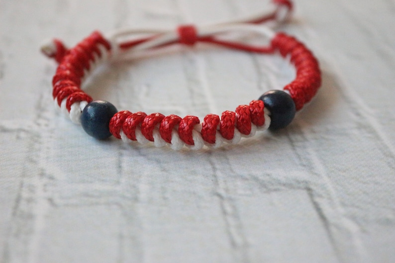 men bracelet adjusted length White and red Amulet bracelet Martenitsa Baba Marta Unisex bracelet bulgarian jewelry Wooden blue beads