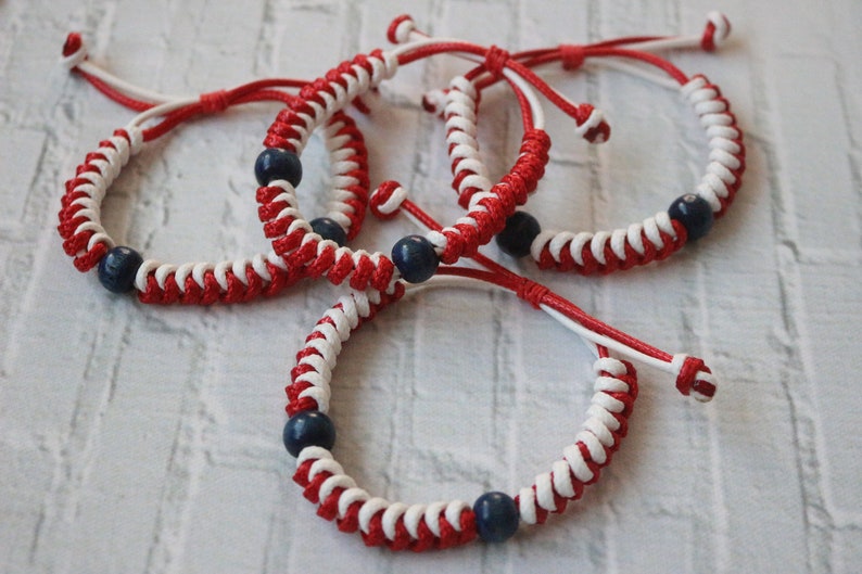 men bracelet adjusted length White and red Amulet bracelet Martenitsa Baba Marta Unisex bracelet bulgarian jewelry Wooden blue beads