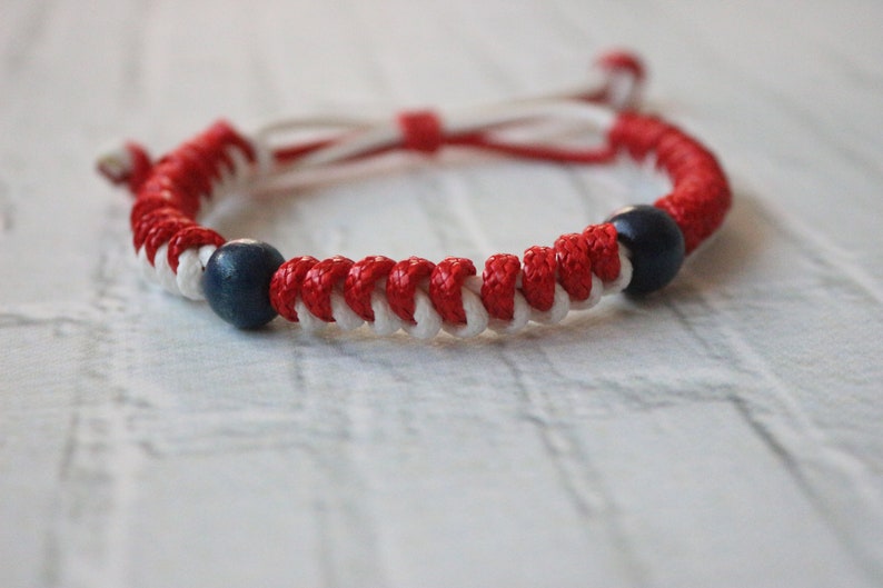 men bracelet adjusted length White and red Amulet bracelet Martenitsa Baba Marta Unisex bracelet bulgarian jewelry Wooden blue beads