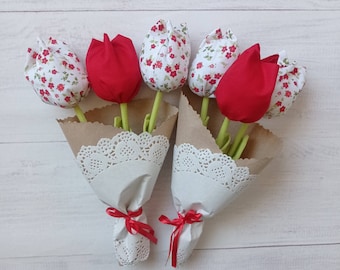 Bouquet Fabric tulips, Cotton flowers, fabric flower bouquet, Home decor, Mother's Day Gift, school flowers, Birthday bouquet, red tulips
