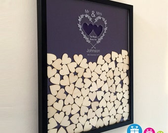 Personalised wedding drop box alternative guest book with 65 hearts and coloured background