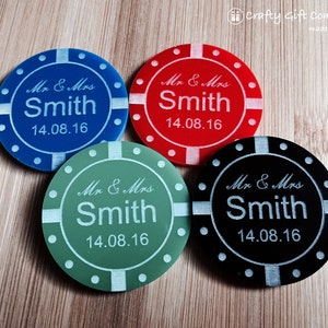 May include: Four personalised casino chips with the text "Mr & Mrs Smith 14.08.16" in white lettering. The chips are blue, red, green, and black.