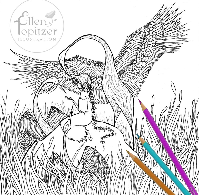 Coloring Page Cattails and Wings | Etsy