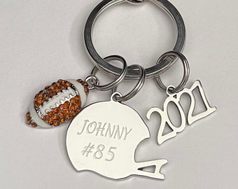 Personalized Football Keychain: Engraved Helmet Charm, Player Name & Number