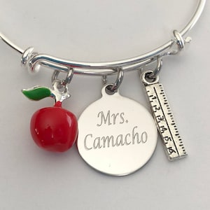 Teacher bracelet- Teacher&#39;s name engraved bracelet-personalized Teacher bracelet-Teacher&#39;s assistant gift-Teacher gift-apple and ruler