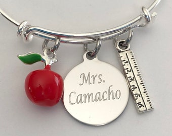 Teacher bracelet- Teacher's name engraved bracelet-personalized Teacher bracelet-Teacher's assistant gift-Teacher gift-apple and ruler