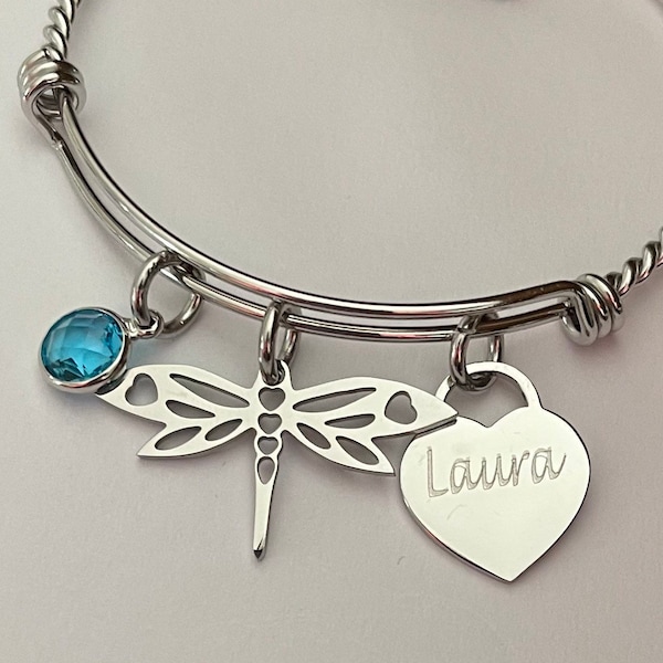 Dragonfly bracelet-with engraved name charm and birthstone-personalized dragonfly necklace or bracelet