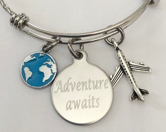 Travel bracelet-engraved bracelet"Oh the places you'll go" or adventure awaits with airplane and world bracelet-personalized