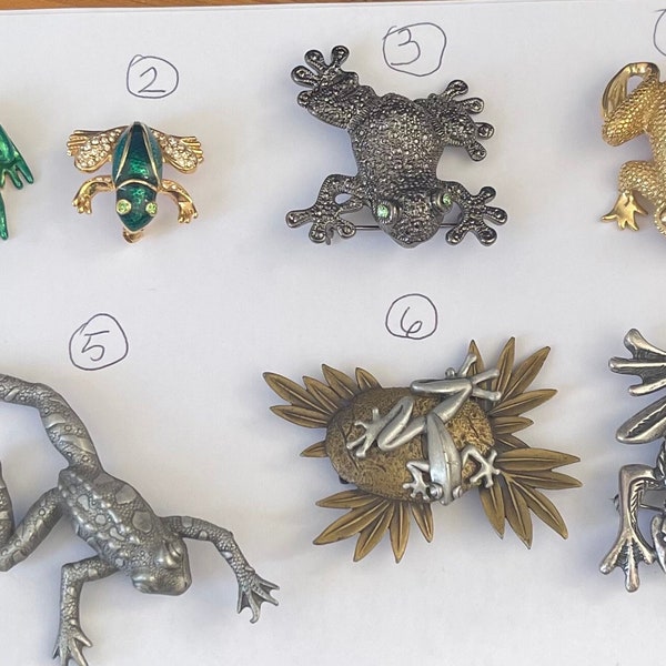 Frogs Frogs and more Frogs- Vintage frog brooches-Metal brooches-most signed by maker-see listing details for all info