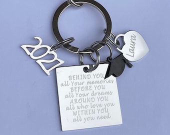 Personalized Graduation Keychain: Engraved Name, Year & Cap Charms