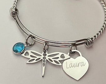 Dragonfly bracelet-with engraved name charm and birthstone-personalized dragonfly necklace or bracelet