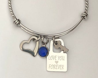 Lock bracelet-Valentine's day gift for her, personalized lock and key bracelet with birthstone and heart charms-stainless steel