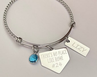 Baseball/Softball bracelet-Base charm engraved “There’s no place like home” with number and personalized name charm