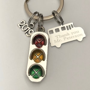 School bus key chain-Personalized key chain with school bus engraved with name 2024 or 2025 charm, Traffic light signal-school bus driver