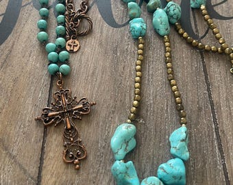 Vintage Western two Necklace set-Faux turquoise stones-metal Copper color