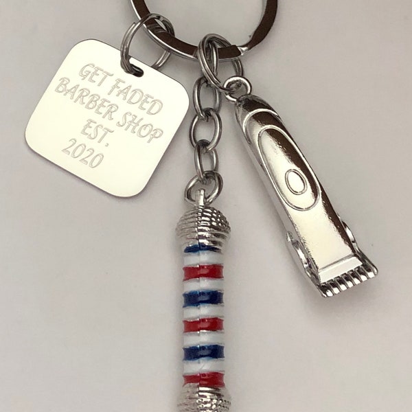 Barber shop pole key chain with barber hair clipper-Personalized with barber Name-barber graduation gift-barber gift-personalized key chain