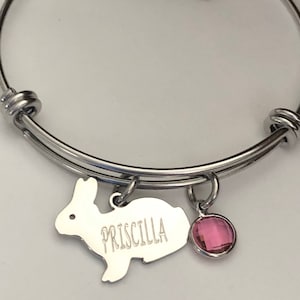 Rabbit Bracelet-engraved with Name-Bunny bracelet with birthstone-Easter bracelet