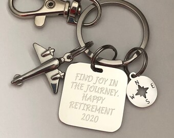 Retirement keychain-travel key chain-personalized key chain-compass-airplanegreat for stacking and layering