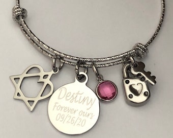 Personalized Adoption Bracelet: Engraved Charm, Birthstone, Triad Symbol