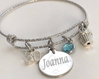 Birthday bracelet-16, 18, 21, 30, 40, or 50th personalized Birthday Bracelet with engraved name charm-cupcake charm