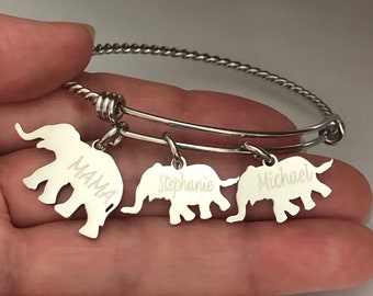 Elephant bracelet with baby elephants-personalized Mama Elephant with baby elephant charms with initials or names