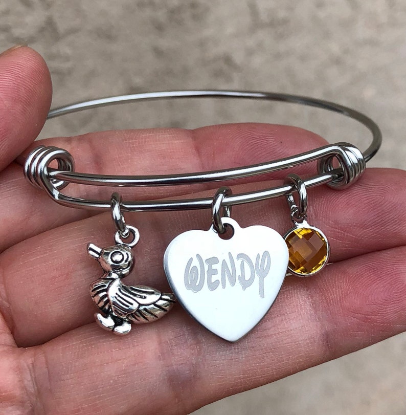 Duck Bracelet-engraved Name charm bracelet with birthstone and | Etsy