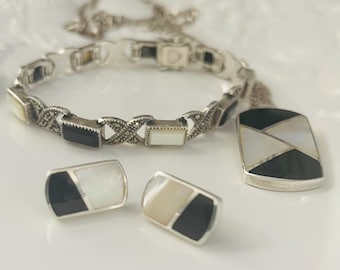 Vintage Sterling Silver Jewelry Set: Onyx, Mother of Pearl, Marcasite