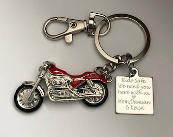 Personalized Motorcycle Keychain: Engraved Stainless Steel Charm, Ride Safe Gift