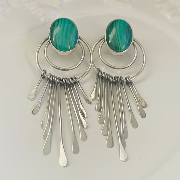 Sterling silver Vintage Navajo Nakai drop fringe earrings with malachite stone-signed NAKAI Sterling-measures 1” x 2 3/4”- weight 16g