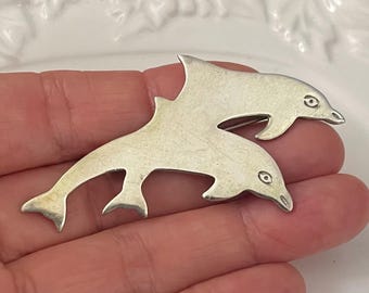 Vintage 925 Mexico Sterling Silver Double Dolphin Brooch