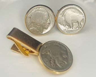 Vintage 1937 Indian Head nickel Cuff Links and Tie Clip Set-gold tone Metal