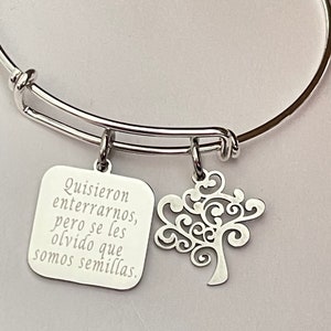 May include: Silver bangle bracelet with a square charm that reads "Quisieron enterrarnos, pero se les olvido que somos semillas." and a tree charm.