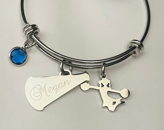 Cheerleader Bracelet: Personalized Megaphone Charm, Birthstone Jewelry