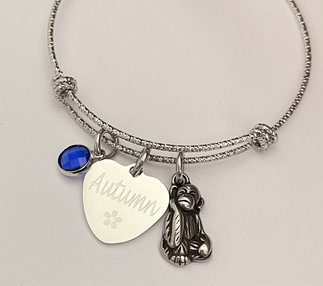 Monkey Braceletengraved Name Charm Bracelet With Birthstone and