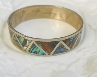 Mexico Alpaca Vintage bangle with Abalone inlay-silver plated-size 8”