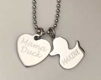 Personalized Mama Duck Necklace: Stainless Steel Baby Duck Charm