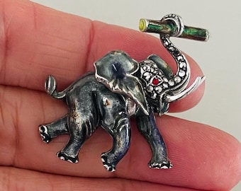 Sterling Silver Elephant Brooch: Marcasite & Red Gem, Germany