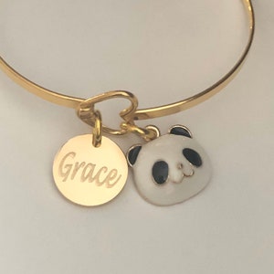 Panda bear bracelet-engraved with personalized name-fits wrist 5 1/2" to 7"great for stacking and layering