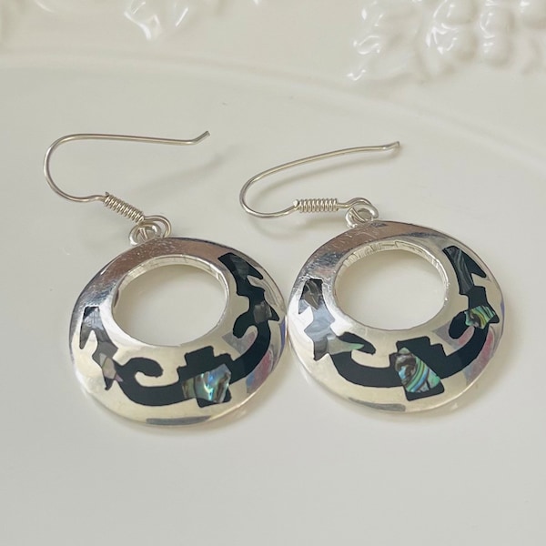 Sterling silver Round vintage earrings with inlay black onyx and abalone shell-pre owned vintage-Mexico 925 silver-measures 28mm